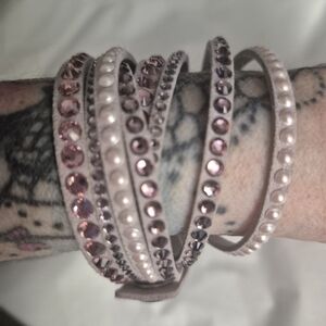 Swarovski Pink Wrap Around Leather Bracelet With Crystals